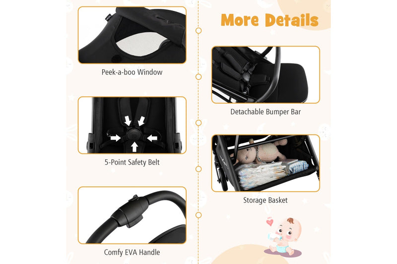 Costway Folding kid Stoller Portable kid Stroller w/Adjustable Canopy Self-Standing Gravity Black