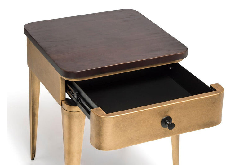 Modern Bedside Table In Brass Finish With Storage Drawer And Wood Top Bedside Tables