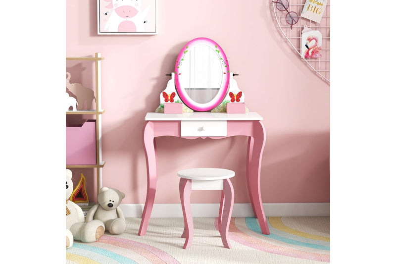 Giantex 2-in-1 Kids Vanity Table Stool Set Rotatable Mirror Makeup Table Princess Dressing Table w/Whiteboard & 4 Markers & Drawer