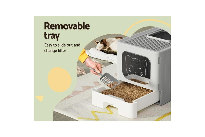 i.Pet Cat Litter Box Large Tray Kitty Toilet Enclosed Hooded Foldable Scoop Grey