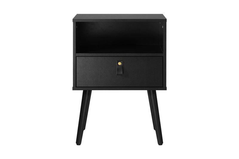 Oikiture Bedside Table Drawer Side Table w/ Leather Handle Black