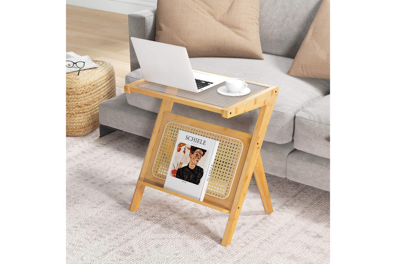 Giantex Boho Bedside Table Bamboo Nightstand Sofa Side Accent Table w/Glass Tabletop & Rattan Rack, Natural