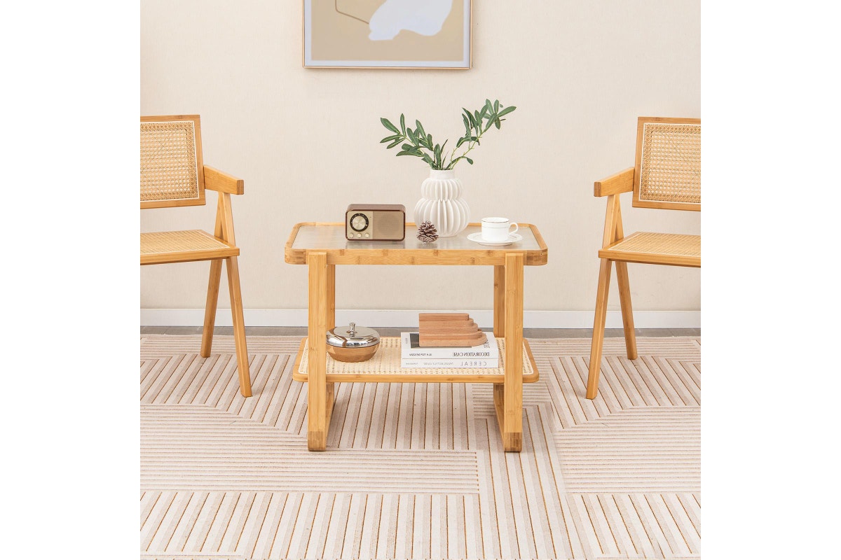 Giantex 2-Tier Bamboo Bedside Table Compact End Table Sofa Side Table w/Glass Tabletop & Rattan Shelf, Natural