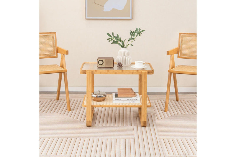 Giantex 2-Tier Bamboo Bedside Table Compact End Table Sofa Side Table w/Glass Tabletop & Rattan Shelf, Natural
