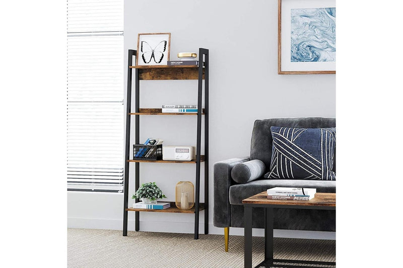 Ladder Shelf 4-Tier Home Office Bookshelf Metal Frame Industrial Rustic Brown Black
