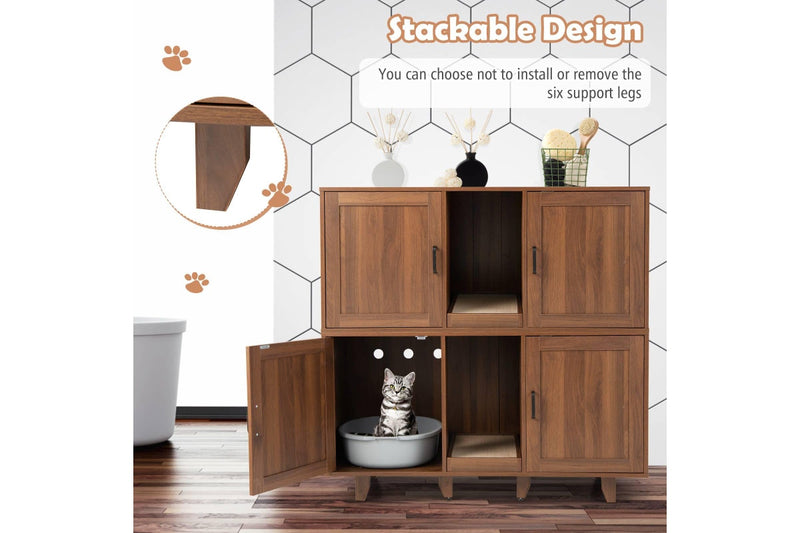 Costway Wooden Cat Litter Storage Cabinet Double Door Cat House w/Scratch Pad Coffee