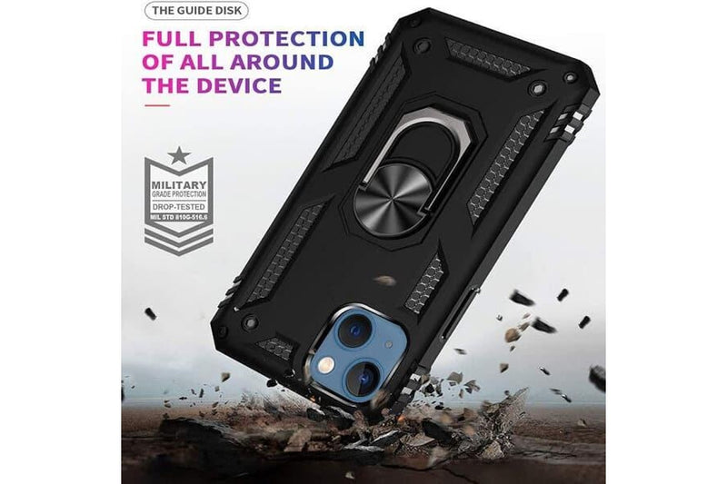 For Apple iPhone 13 Mini Case, Military Grade 360 Degree Rotating Metal Magnetic Ring Car Mount Holder Kickstand Shockproof Cover (Black)