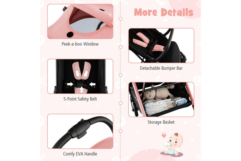 Costway Folding kid Stoller Portable kid Stroller w/Adjustable Canopy Gravity Self-Standing Pink