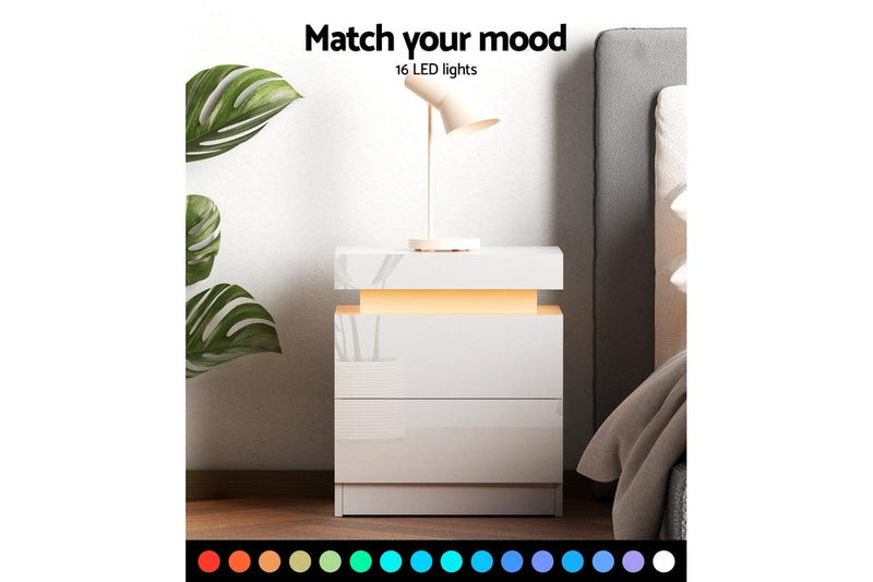 Artiss Bedside Table LED 2 Drawers Lift-up Storage - COLEY White