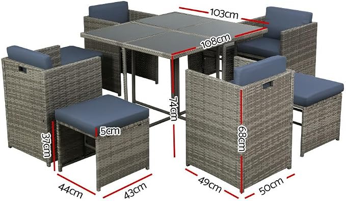 Gardeon Outdoor Dining Set 9 Piece Wicker Table Chairs Setting - Grey