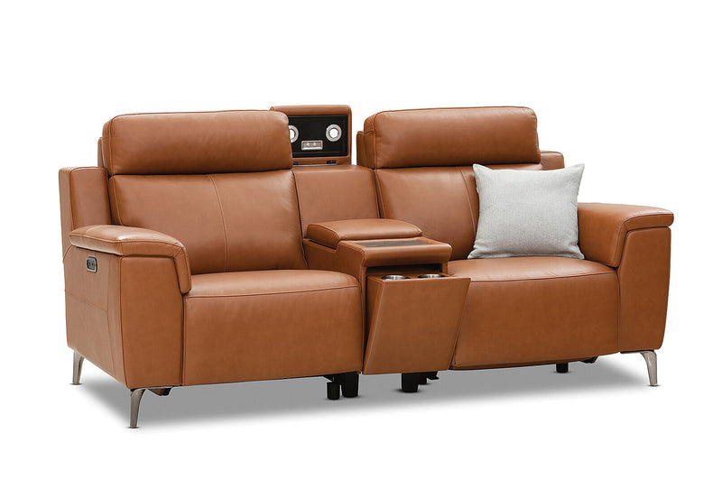 ARISTOTLE Leather 2 Seater Sofa with Console and 2 Inbuilt Electric Recliners