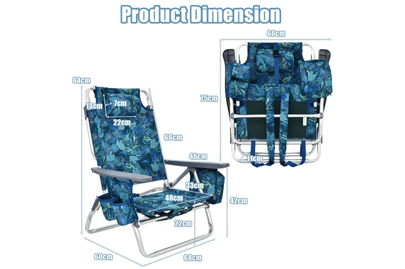 Costway 2x Folding Reclining Beach Chairs Camping Arm Chairs Outdoor Fishing Picnic w/ 5-Position Backrest & Head Pillow