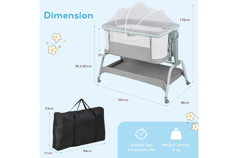 Costway 4in1 Cot Bed Mobile Bedside Sleeper Portacot Cradle w/Net & Storage Basket, Grey