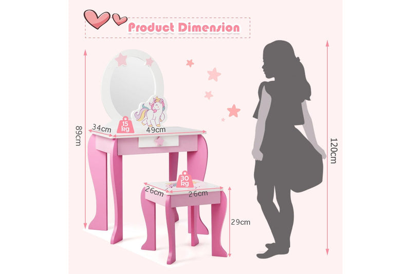 Giantex Kids Vanity Table & Chair Set Princess Makeup Dressing Table w/Mirror & Stool 2 in 1 Vanity Set Writing Desk