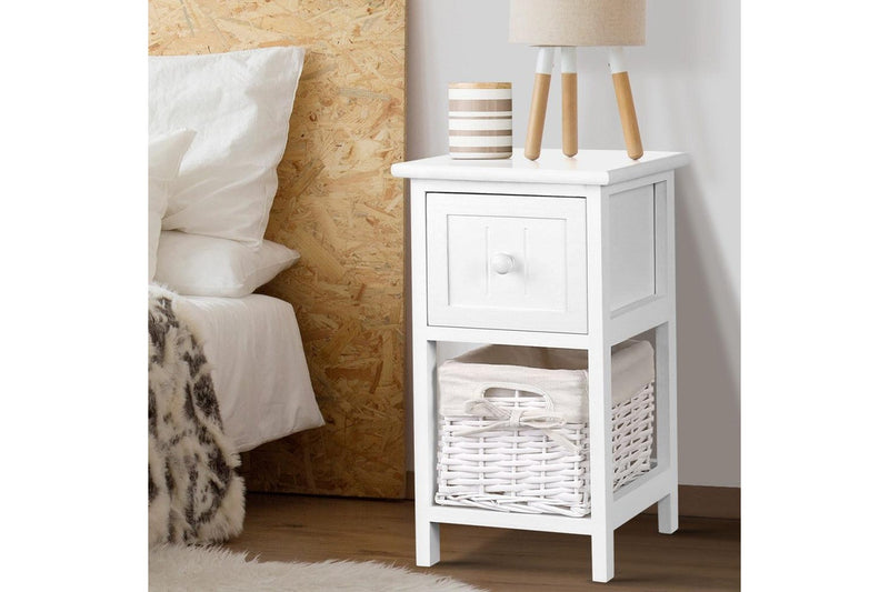 Artiss Bedside Table 1 Drawer with Basket Rustic White X2