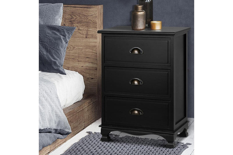 Artiss Bedside Table 3 Drawers Vintage - THYME Black