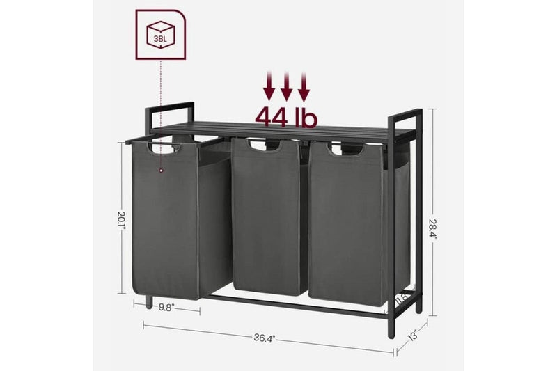 Laundry Hamper Shelf with Pull-Out Bag - 3x38L Black Gray
