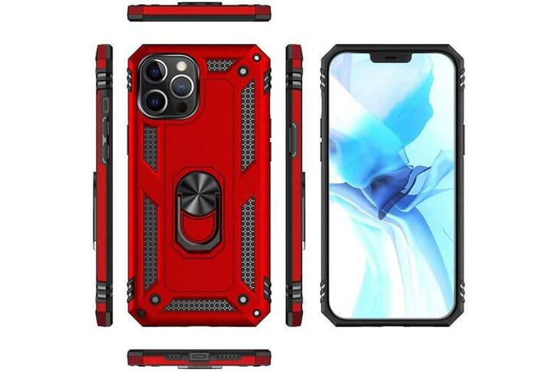For Apple iPhone 12 Pro Case, Military Grade 360 Degree Rotating Metal Magnetic Ring Car Mount Holder Kickstand Shockproof Heavy Duty Cover (Red)