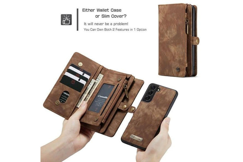 CaseMe For Samsung Galaxy S22 Zipper & Detachable Retro Leather Pouch Wallet Flip Purse Bag Detachable Phone Case Cover (Brown)