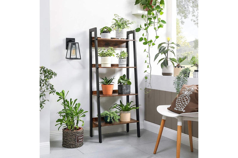Ladder Shelf 4-Tier Home Office Bookshelf Metal Frame Industrial Rustic Brown Black