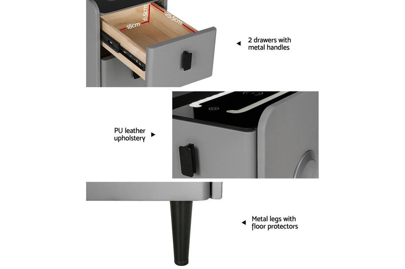 Artiss Smart Bedside Table 2 Drawers with Wireless Charging LED Lights Grey