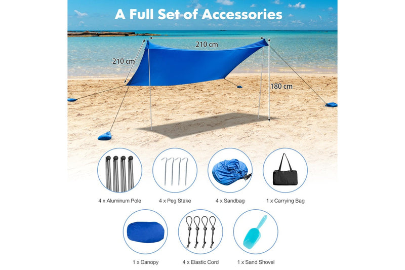 Costway Beach Sunshade Canopy UPF50+ Family Shelter Shade 3-4 Adults w/4 Poles Sandbags Peg Stakes Blue