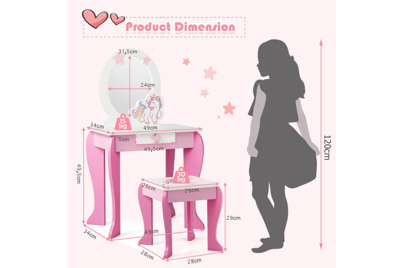 Giantex 2 in 1 Kids Vanity Table & Chair Set Princess Makeup Dressing Table w/Mirror & Comb Writing Desk Pink