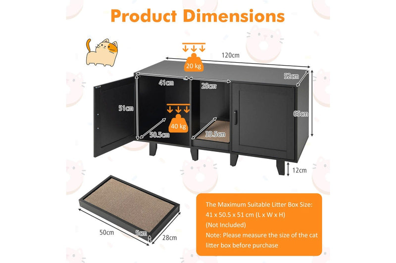 Costway Wooden Cat Litter Storage Cabinet Double Door Cat House w/Scratch Pad Black
