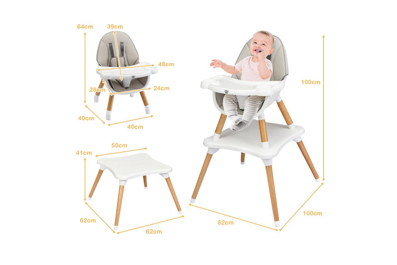 Costway 5 In 1 High Chair Convertible Eating Feeding Chair Booster Seat Wood Table Chair w/Adjustable Tray & PU Cushion, Grey