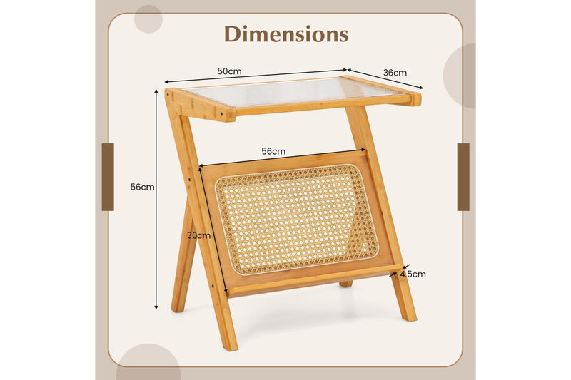 Giantex Boho Bedside Table Bamboo Nightstand Sofa Side Accent Table w/Glass Tabletop & Rattan Rack, Natural