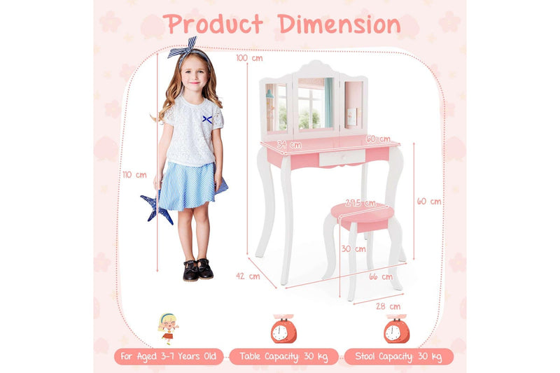 Costway 2-in-1 TOP 50 Bonus Trinkets Set Vanity Table Stool Set Tri-Folding Mirror Makeup Table Princess Dressing Table w/Storage Drawer