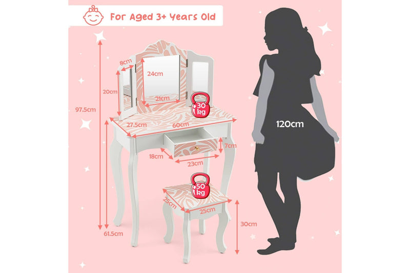 Costway 2 in 1 Dressing Table Chair Set Vanity Desk Mirror Makeup Desk Princess ren Pink