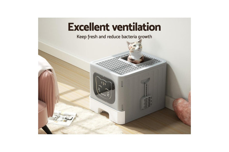 i.Pet Cat Litter Box Large Tray Kitty Toilet Enclosed Hooded Foldable Scoop Grey