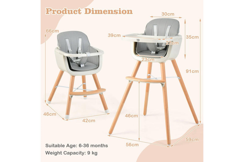 Giantex Baby High Chair Infant Feeding Chair Wood Eating Dining Chair Adjustable Tray & Footrest Grey