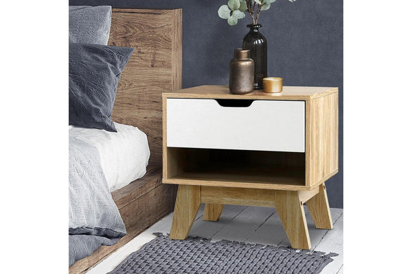 Artiss Bedside Table 1 Drawer with Shelf - IKER White & Oak