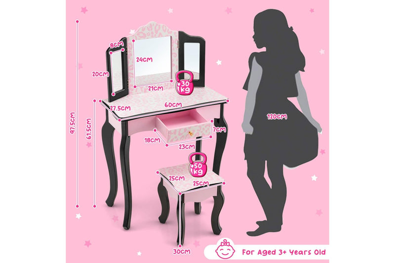 Costway Bedroom Dresser Vanity Table Stool Set w/ Tri-Folding Mirror Bedroom Furniture Pink