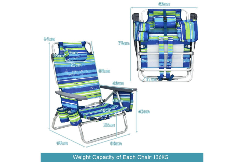 Costway 2 X Folding Reclining Beach Chairs Outdoor Camping Arm Chairs Fishing Panic w/ 5-Position Backrest & Head Pillow