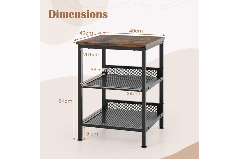 Giantex 3-Tier Sofa Side Table Industrial Nightstand Square End Table w/Storage Shelves Rustic Brown