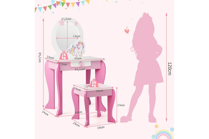 Costway Wooden Vanity Table Set Vanity Princess Makeup Dressing Table Set w/Mirror Pink