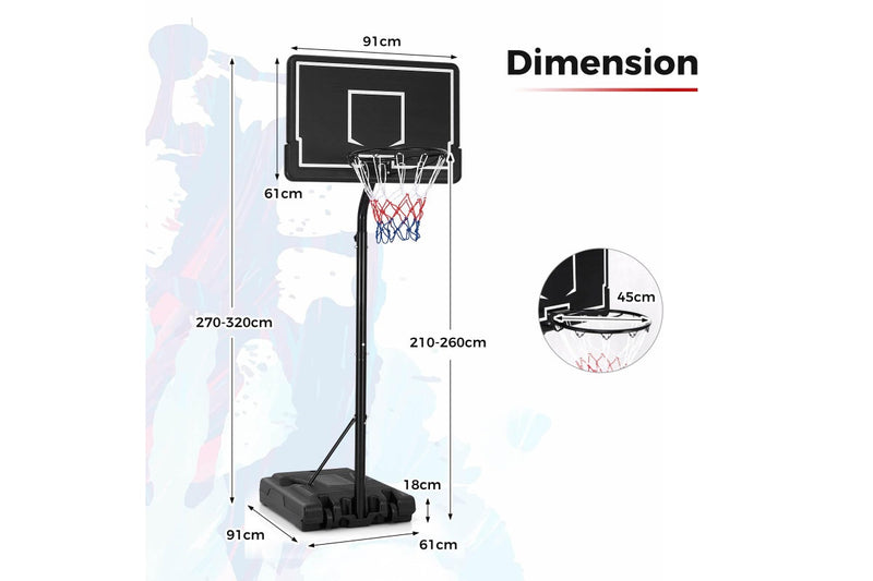 Costway 2.1m-2.6m Adjustable Height Basketball Hoop Outdoor Basketball Stand System Black