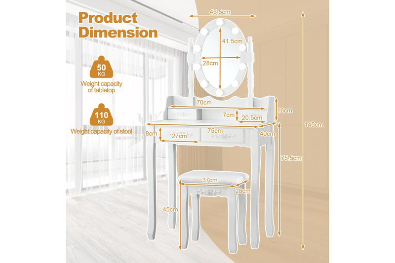 Costway Dressing Table Vanity Stool Set Makeup Table Dresser Jewellery Cabinet Mirror 4 Drawers Xmas Gift, White