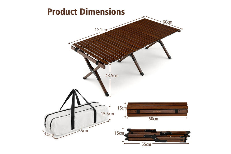 Costway Portable Egg Roll Camping Table Folding Bamboo Picnic Table Camping table Outdoor w/Carry Bag Brown