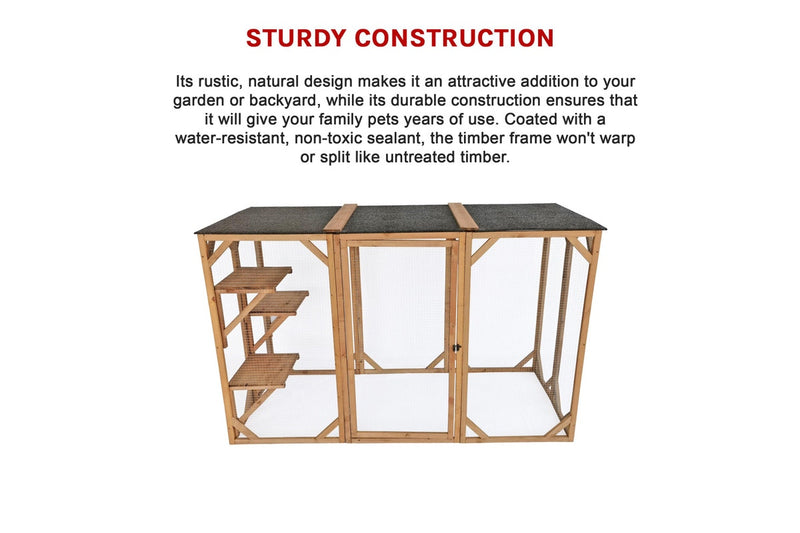 180cm Large Cat Enclosure Wooden Outdoor Cage with 3 Platforms