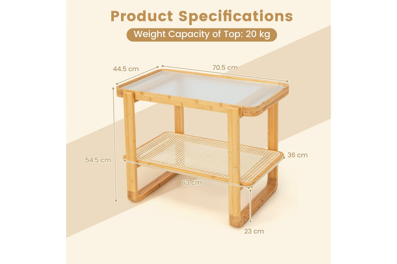 Giantex 2-Tier Bamboo Bedside Table Compact End Table Sofa Side Table w/Glass Tabletop & Rattan Shelf, Natural