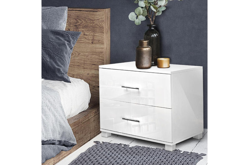 Artiss Bedside Table 2 Drawers High Gloss - White