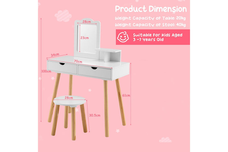 Giantex 2-in-1 Kids Vanity Table & Stool Set Makeup Dressing Table Princess Pretend Playset w/Removable Mirror & Drawer White