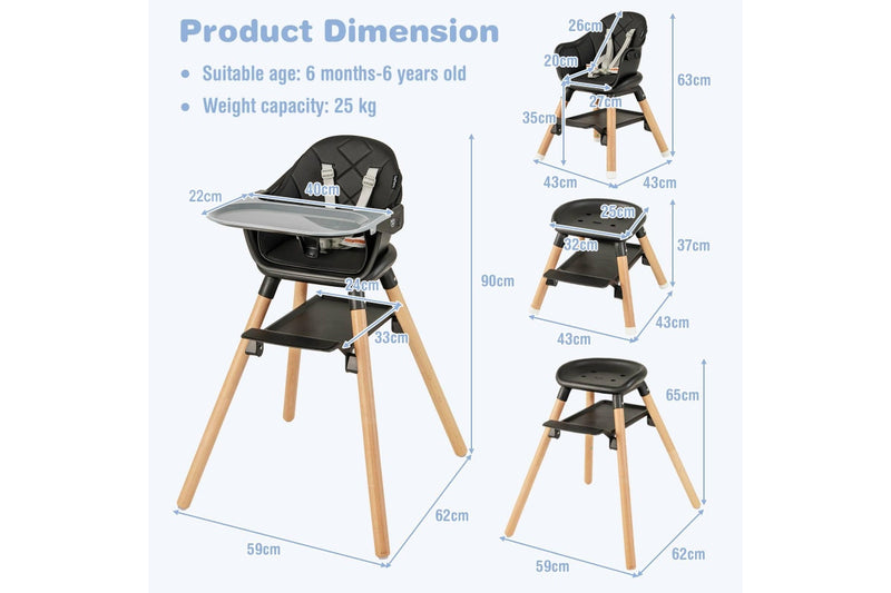 Costway High Chair Eating Feeding Chiar Dining Seat Wooden Furniture Black