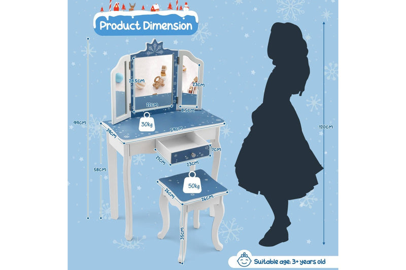 Costway Dressing Table Vanity Table & Stool Set Princess ren Gift Furniture Blue