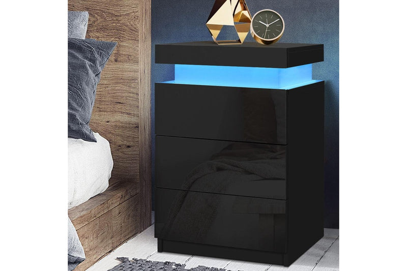 Artiss Bedside Table LED 3 Drawers - COLEY Black