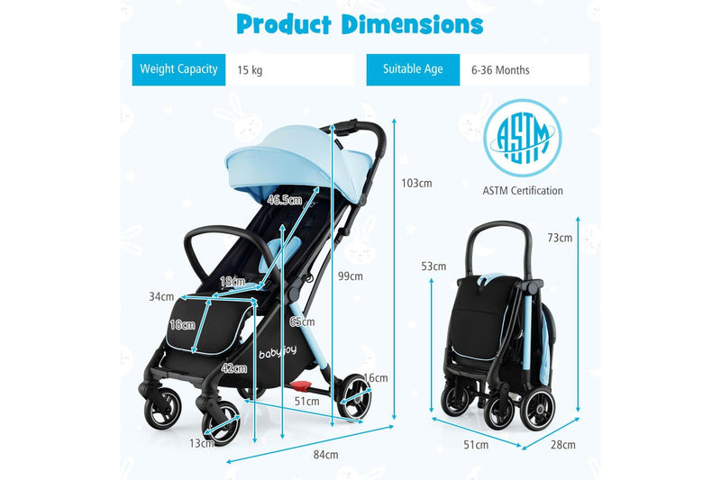 Costway Portable Stroller Prams Adjustable Pushchair w/Canopy & Storage Basket, Blue